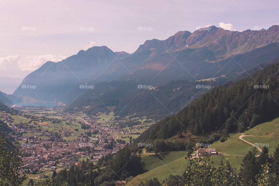 The countryside views from a train running through the Switzerland alps 