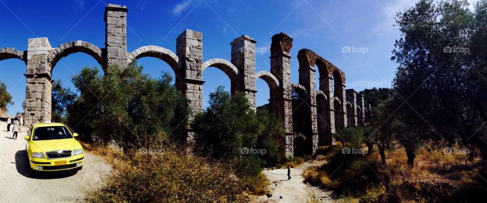 Blue aqueduct in Greece 