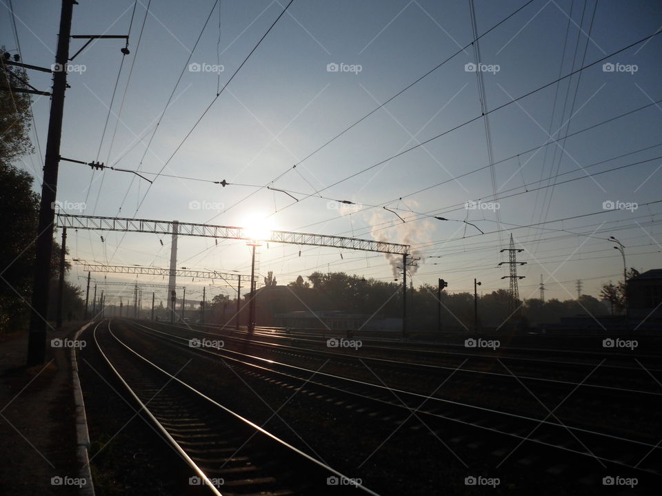 Dawn on the railway in the city of Kiev