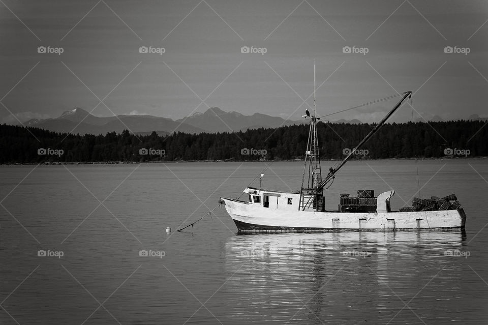 B&W of a white fishing boat anchored in the bay late on a beautiful sunny day. The setting sun shines on the boats hull reflecting the boat in the calm, still waters. A tree lined island is behind the boat & behind that the coastal mountains. 