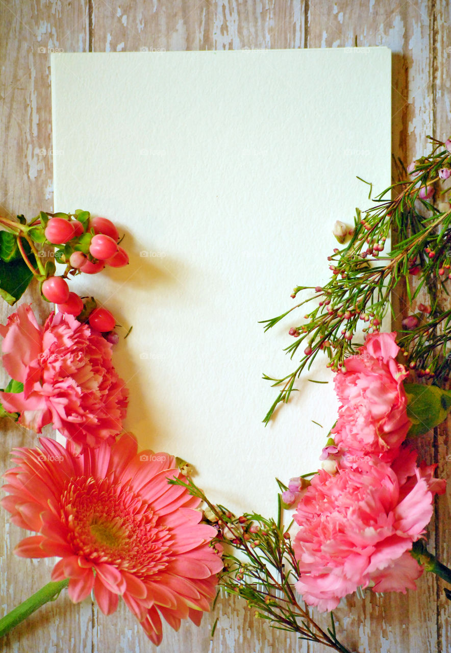 Spring, flowers, floral border, flower border, flat lay, white paper, wooden background, pink flowers and leaves, carnations, portrait orientation