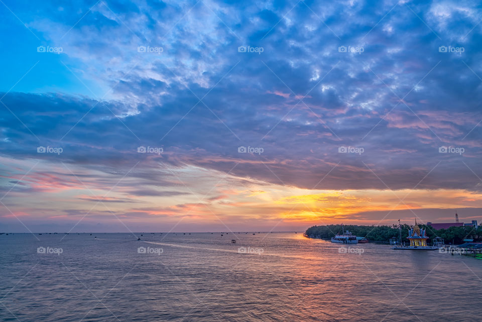 Beautiful dawn scene in BangTaBoon Bay Thailand