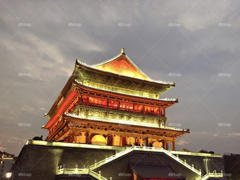 the Drum Tower at night during travel in the city of Xian, China 