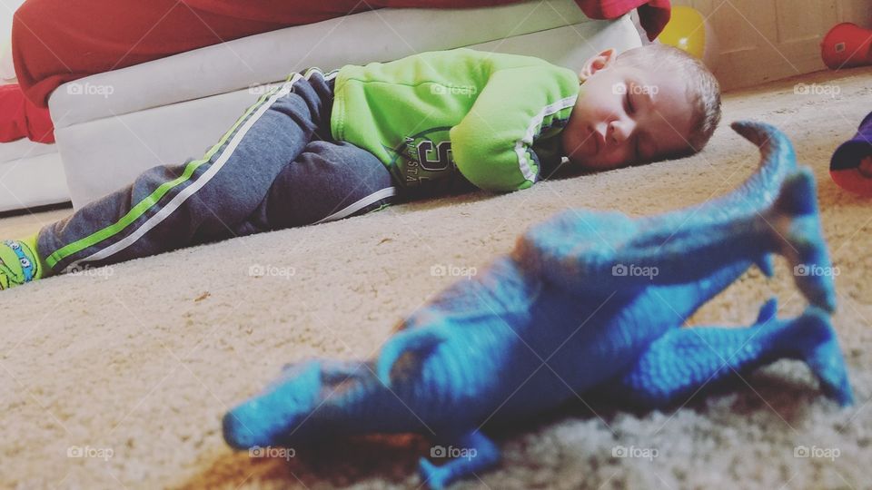 boy naps on the rug a dinosaur view