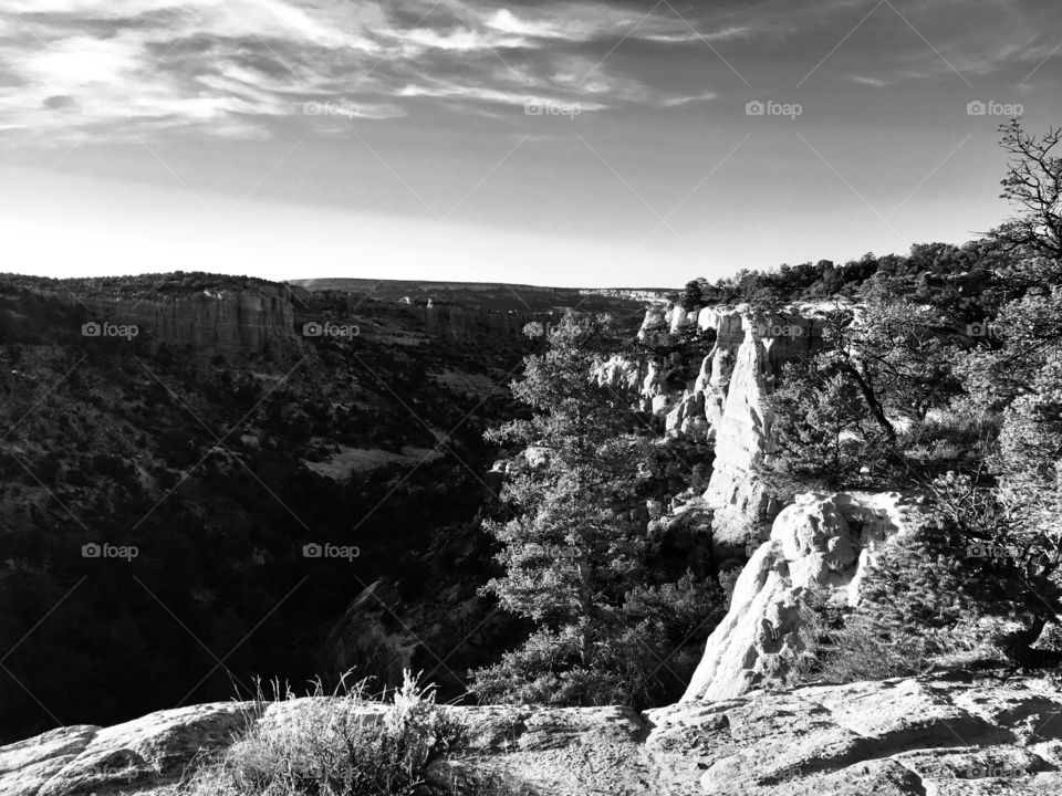 Landscape of canyon; black and white filter adds detail; sun-lighting incoming from left side of photo casting shadows to the right; taken from rim of the canyon; mostly clear sky