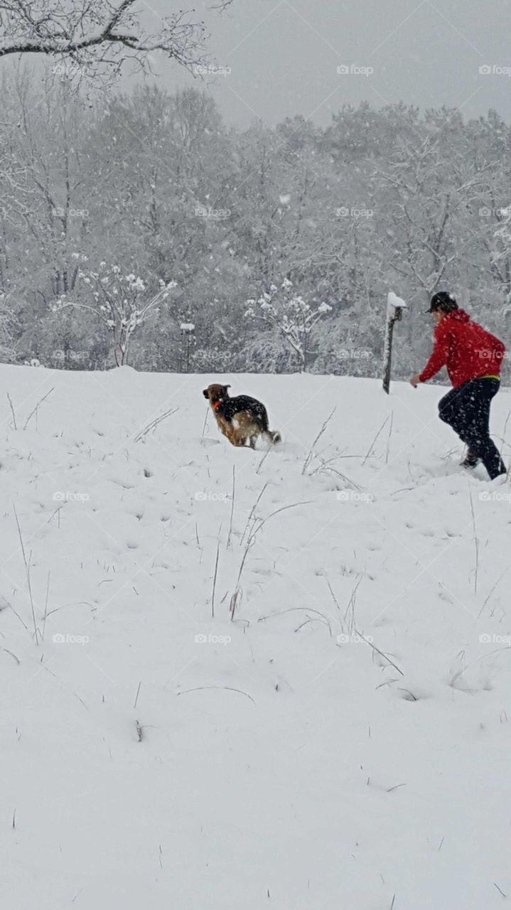 boy and his dog running and playing in the snow