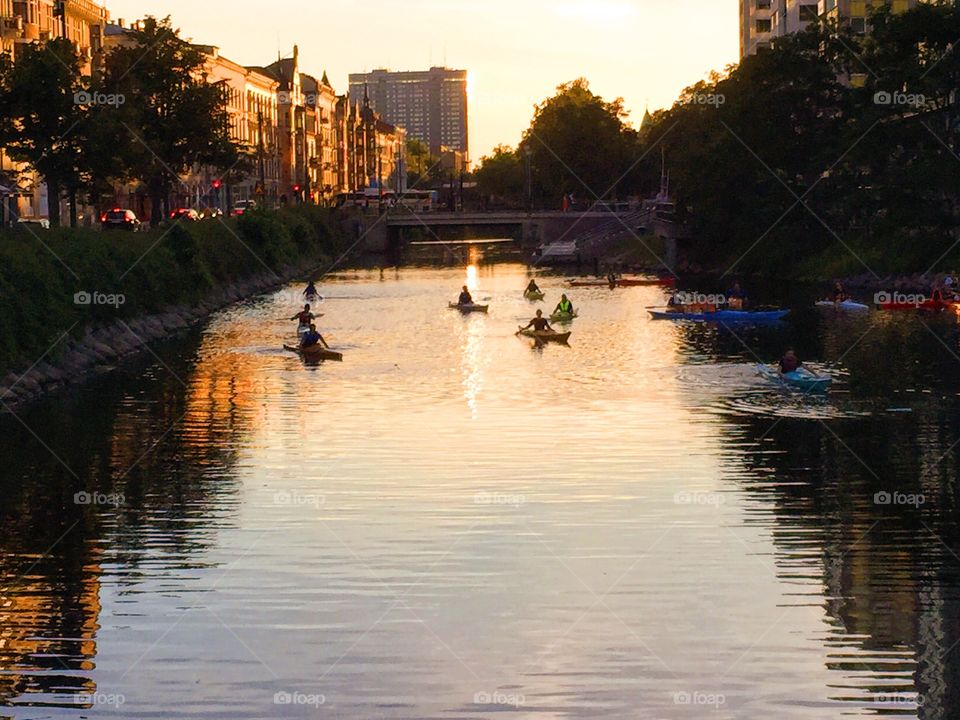 Canoeing on the canal in the city