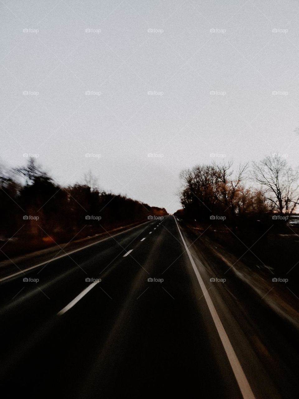 Driving on the highway. Car road trip. Gray asphalt highway in the countryside, dark trees on the way. Sunset colorful clouds. Horizon above the road. Far distance, journey, driving the car, car window view