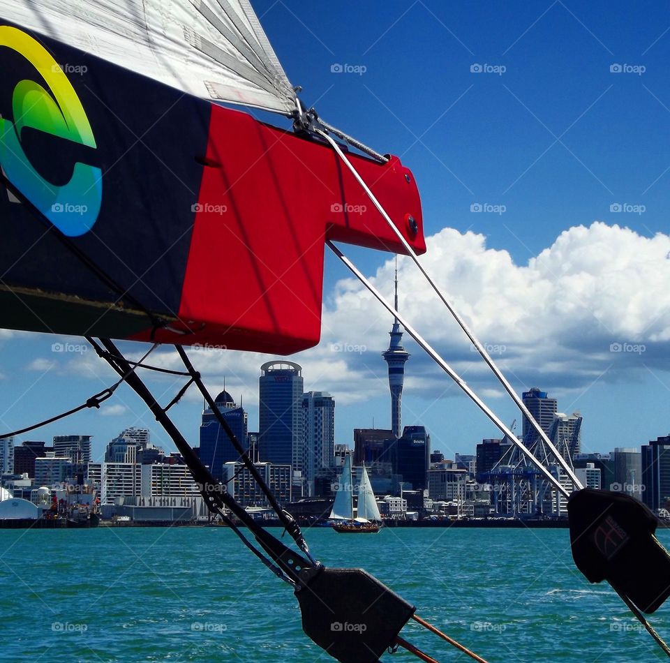 Auckland skyline from a sailboat 