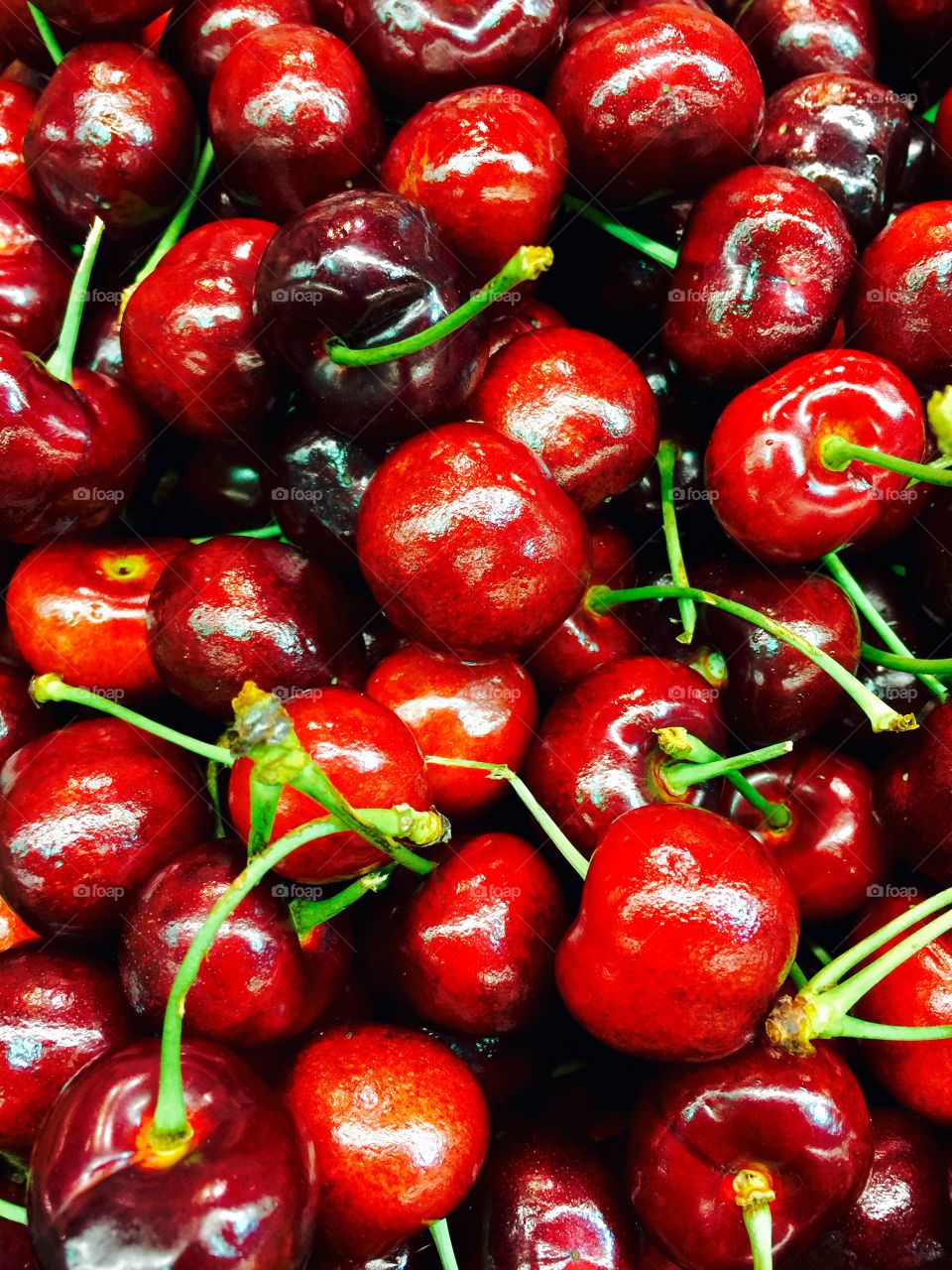 Cherry Amusement . A beautiful closeup of lush red cherries.