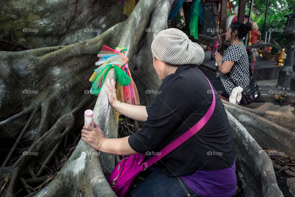 Woman pray for the big banyan tree root