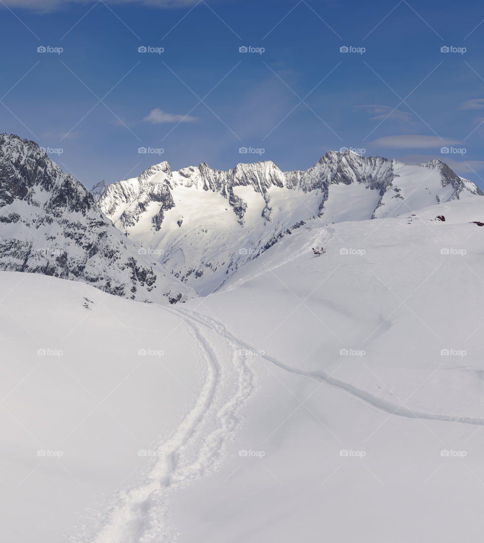 Ski or walking tracks leading through powder snow towards aletsch glacier in the valley.