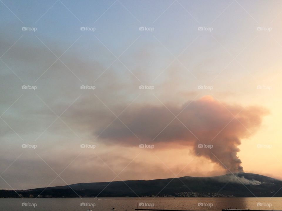 Out of control brushfire in Montenegro at sunset