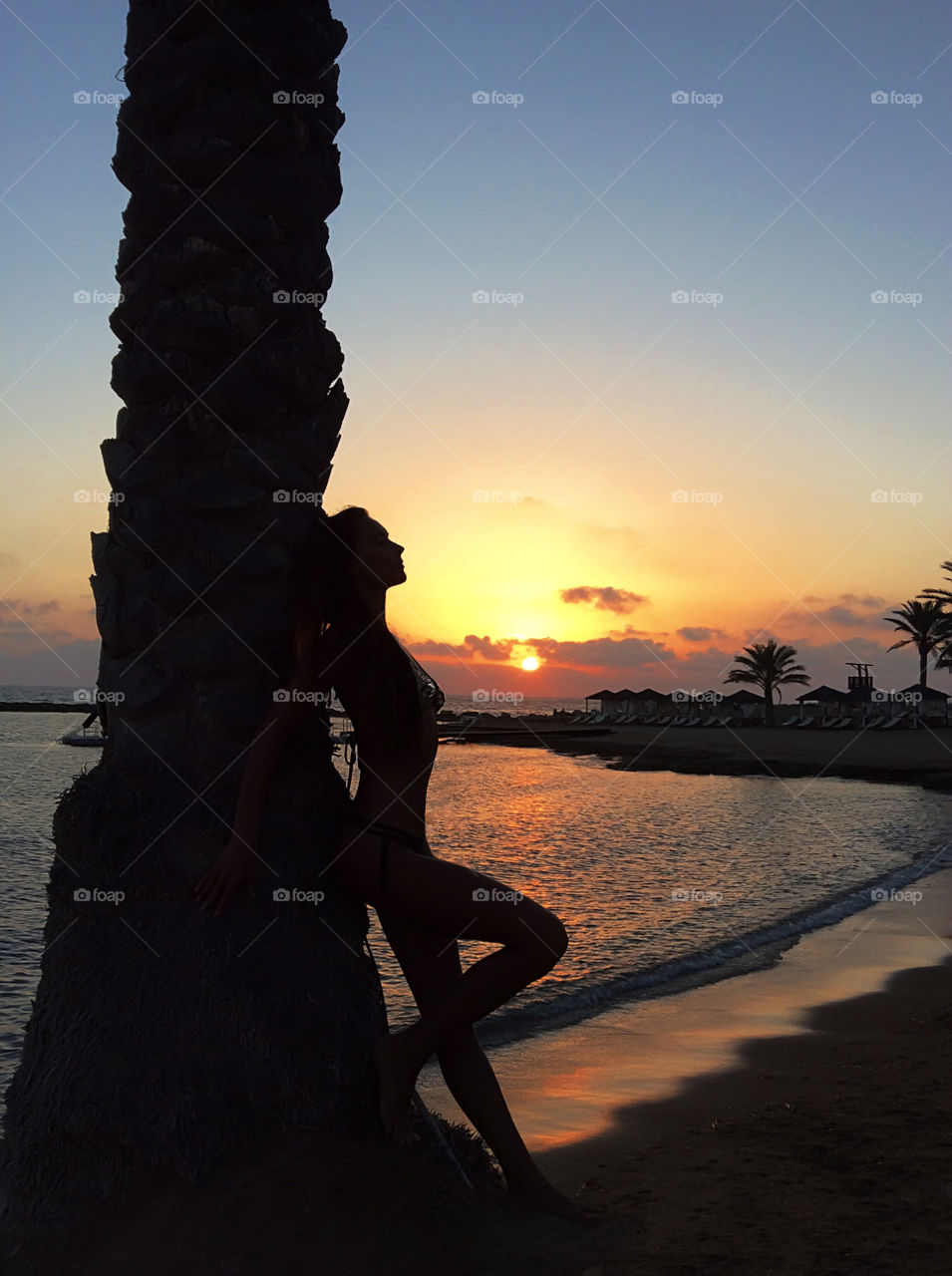 Woman silhouette near palm tree at sunset time 