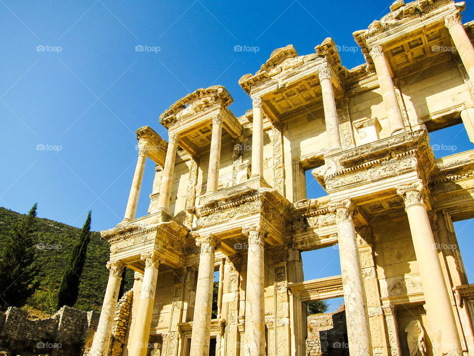 Ancient Roman ruins in Ephesus - remnants of stone building the Library of Celsius