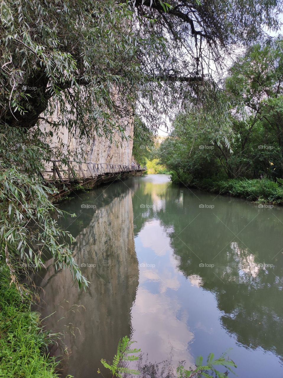 A beautiful photo of a calm green river with a wooden path on the side of the rocks somewhere in the woods in Bulgaria