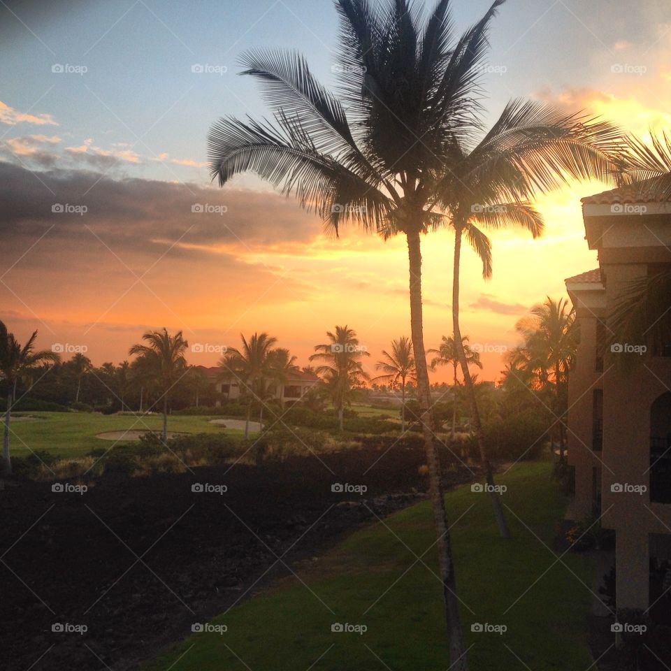 Beautiful Moment. Looking at the beautiful scenery from the balcony before sunset in Waikoloa, Island of Hawaii