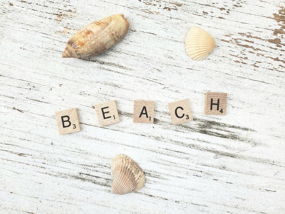 3 seashells on a white wood rustic background with the word beach spelled in scrabble tiles