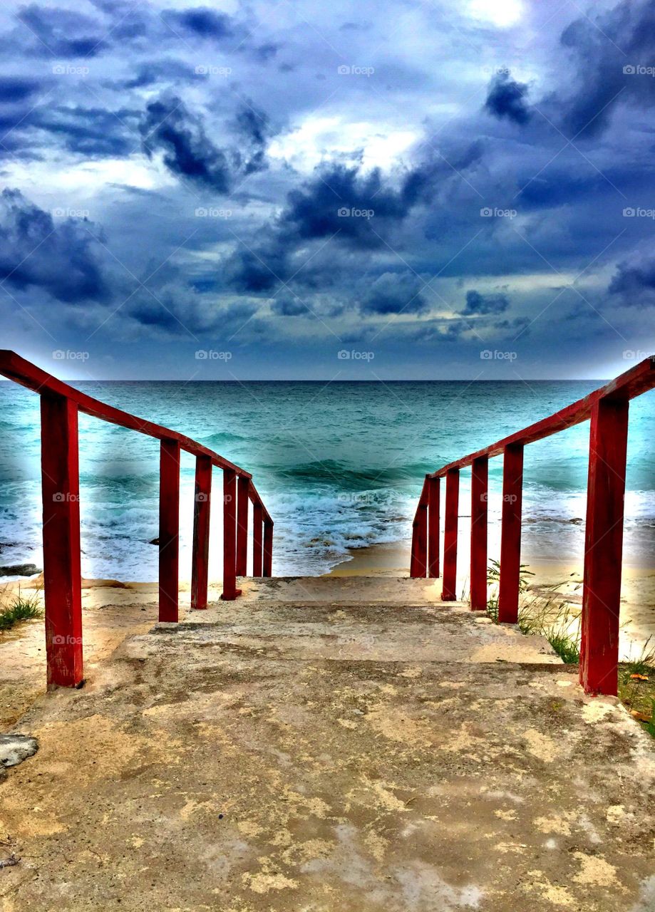 Red Staircase Leading To The Beach And Ocean, Oceanside View, Caribbean Ocean View, Red Staircase, Leading Lines, Sandy Shoreline, Ocean Waves 