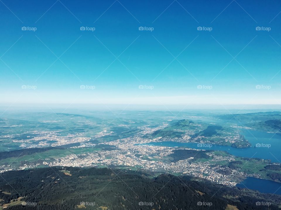 Aerial view of lake and mountain in Switzerland 