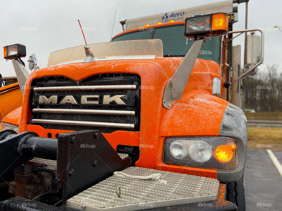 Mack truck frozen in the icy rain