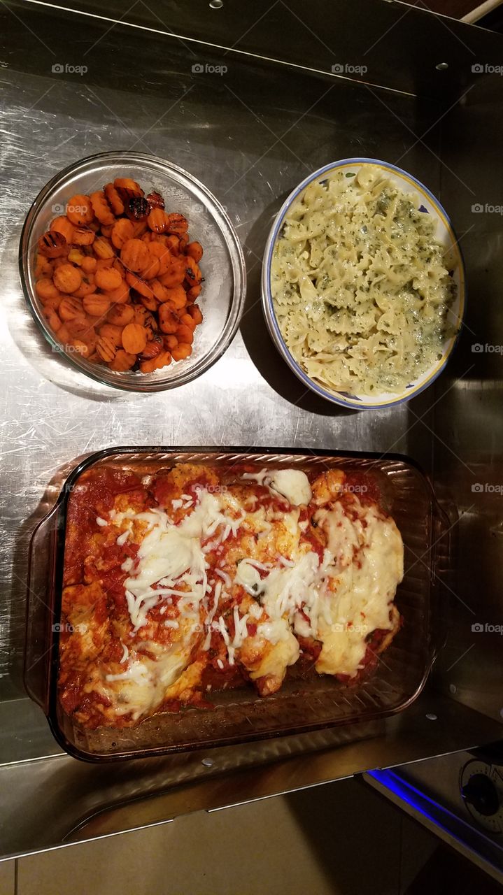 Chicken Parm, Pesto Bow Tie Pasta and Candied Carrots ready to serve!