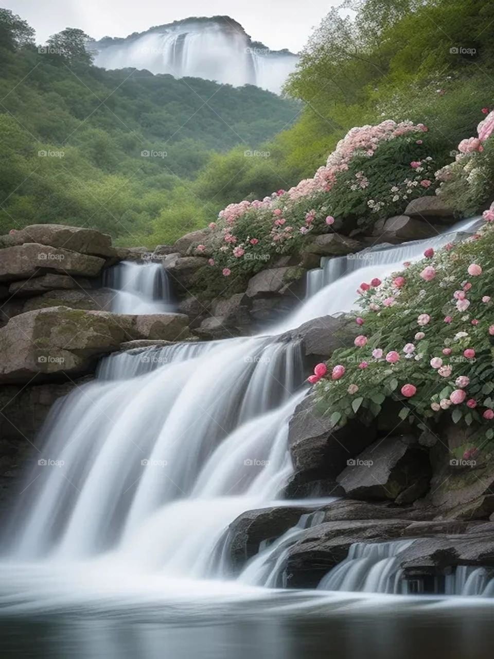 Landscape of roses next to the waterfall