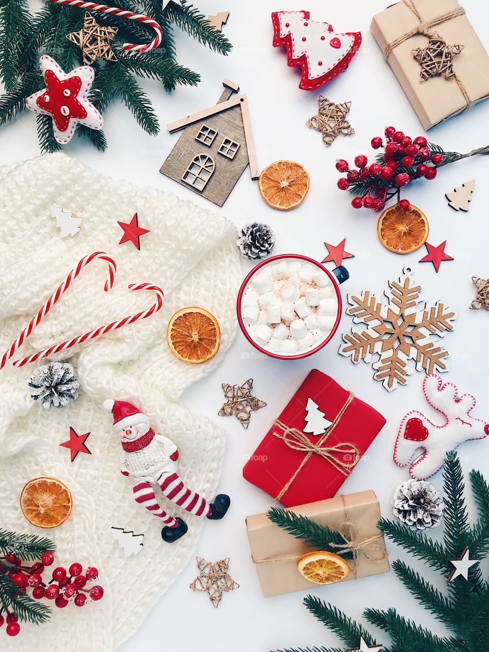 Winter time. Christmas decoration. Flat lay photo