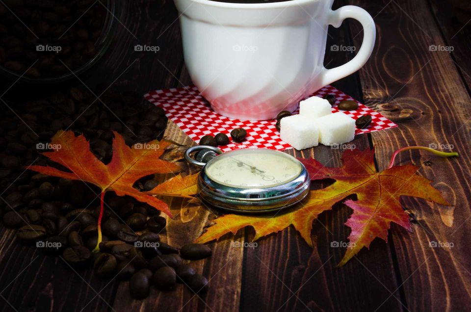 coffee been still life on wooden background