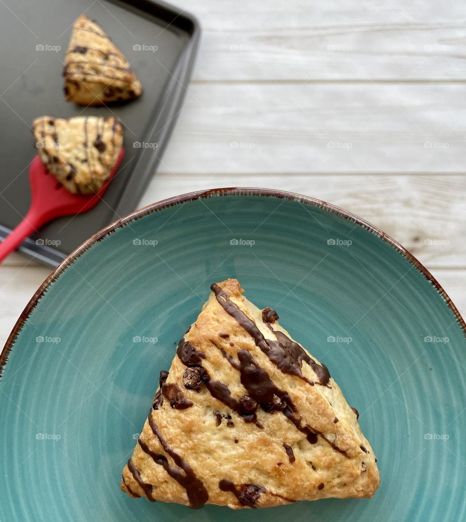 Chocolate chip scones, making scones for guests, chocolate chip scones fresh out of the oven 