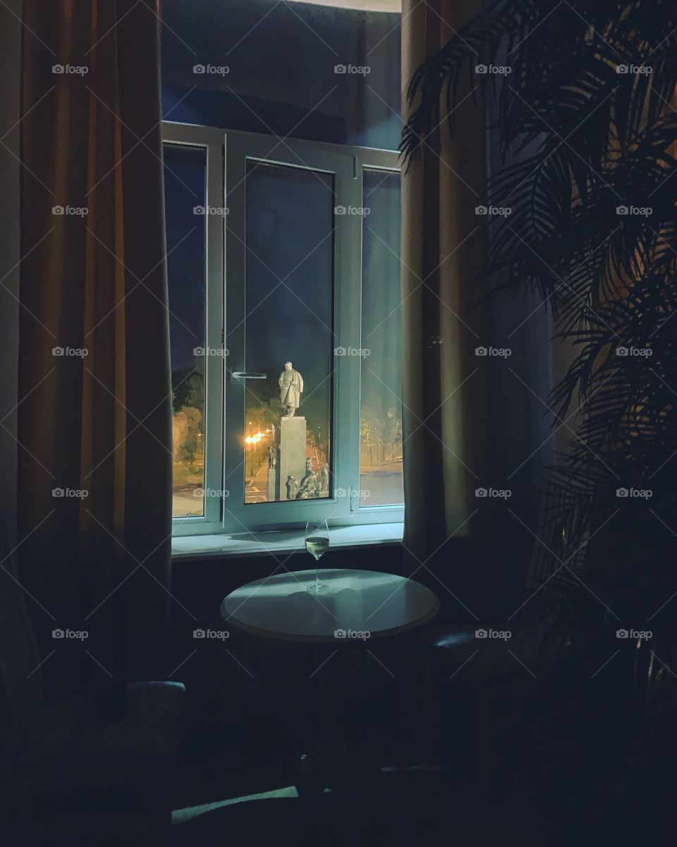 View from room at night light with monument 