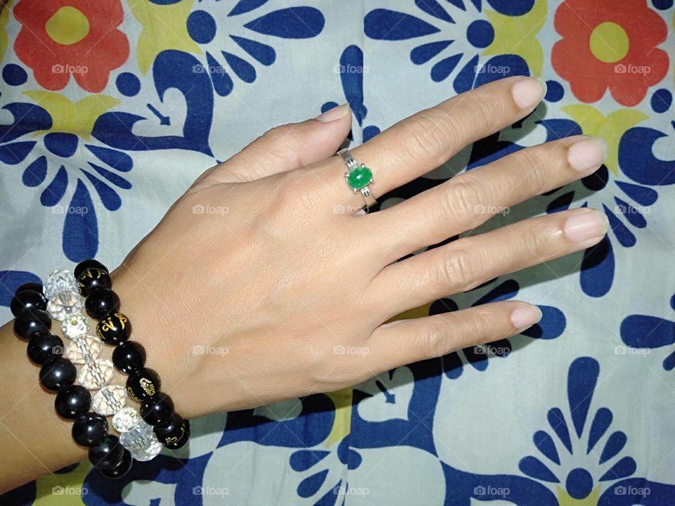 Wearing Authentic stone bracelets with Jade stone ring.