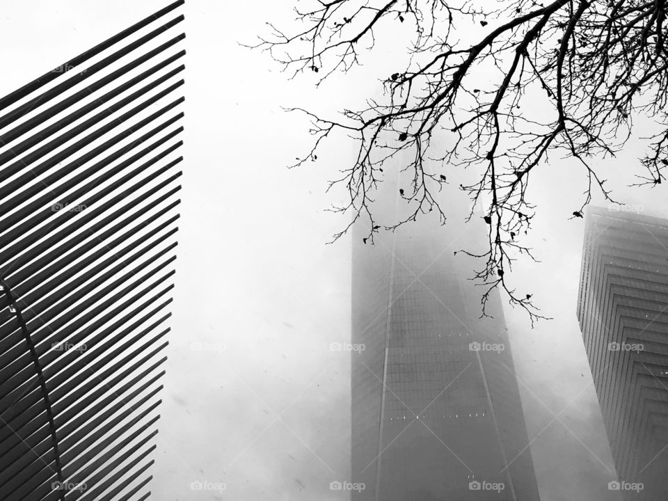 The Oculus building with Freedom Tower during snowstorm