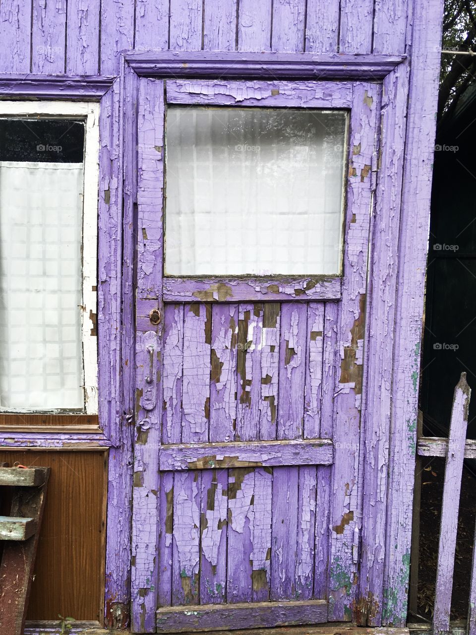 The vintage wooden purple door. 