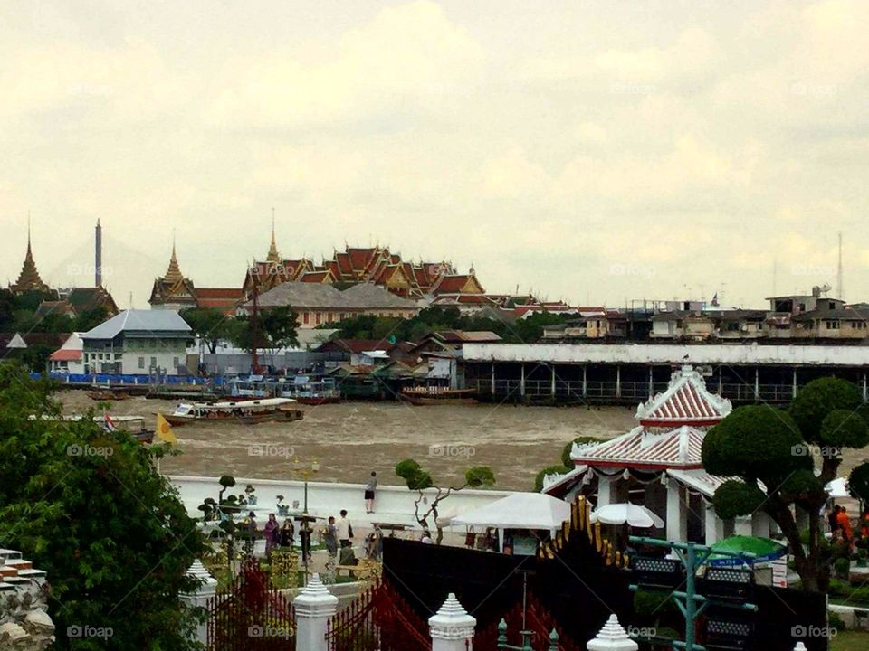 From Wat Arun or the Temple of Dawn looking across the Chao Phraya River to Wat Pho