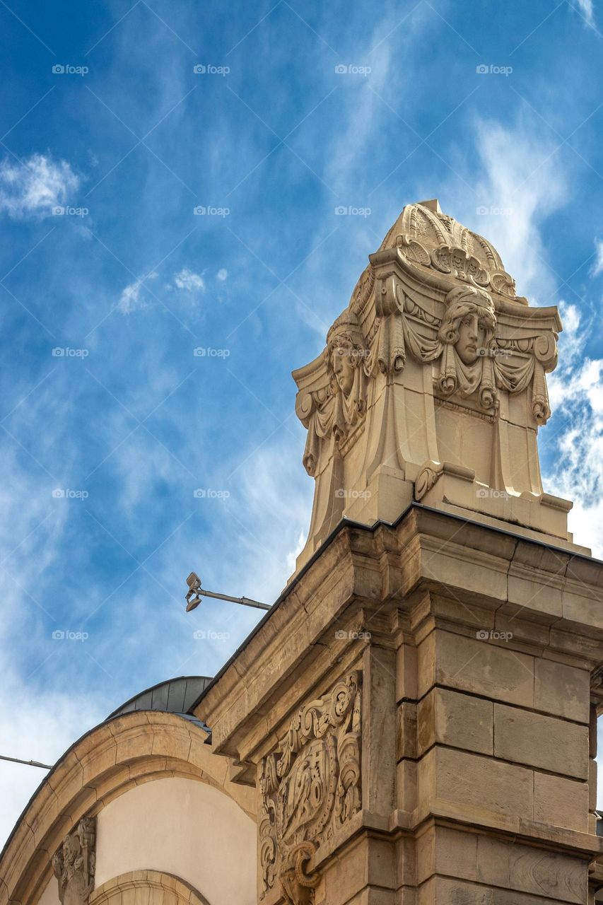 close-up of a fragment of the renovated facade of the old station building