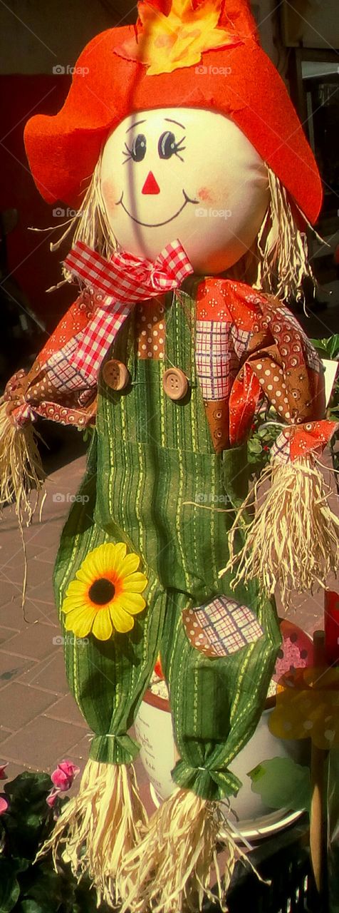 Intersting color straw doll hanging outdoors near flower market.
It is one character from"The Wizard of Oz" movie.