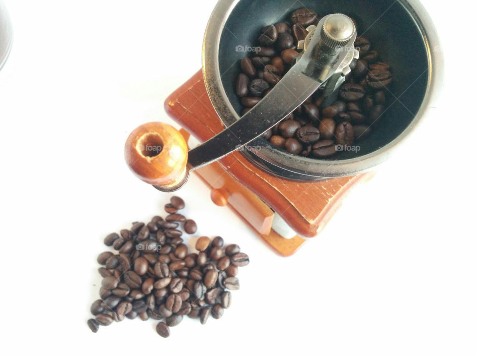 Coffee mill and beans