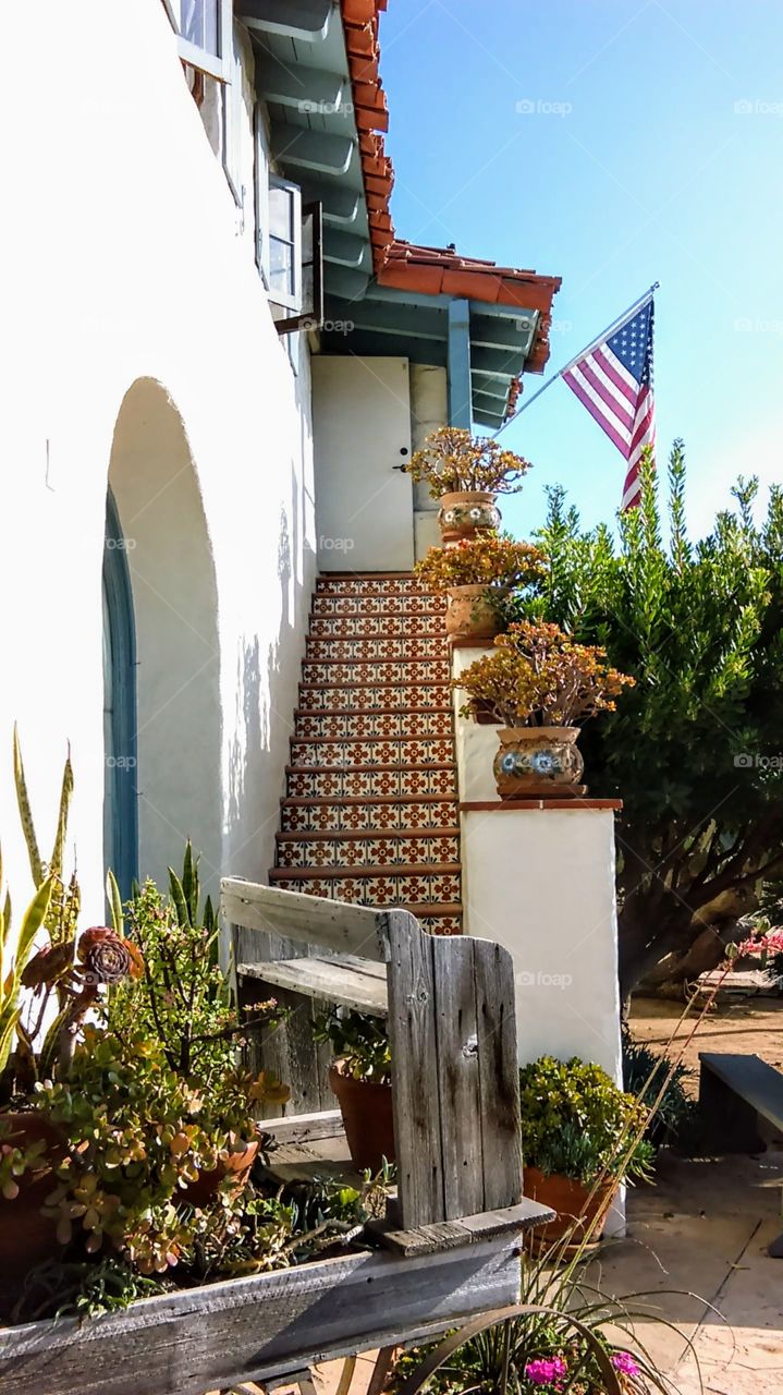 Staircase leading to an upstairs living area above a shop in Old Town, San Diego.