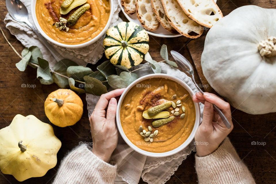 Autumn pumpkin soup home made.