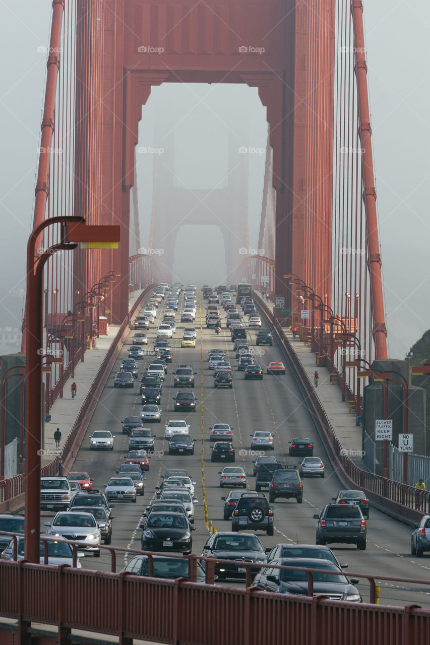 Close up of the traffic on the Golden Gate Bridge 