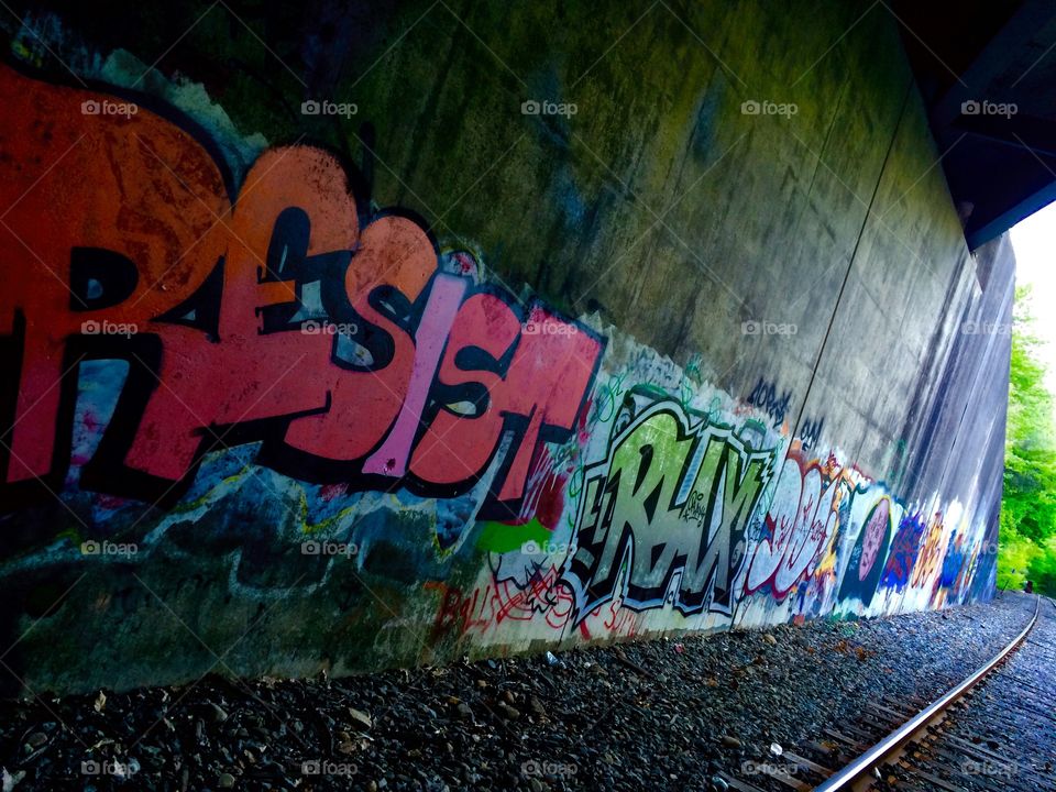 Graffiti art . Train tracks 