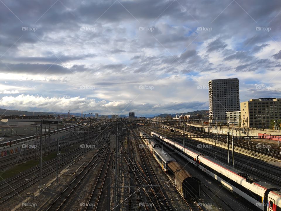Zurich Switzerland cityscape over the railroad