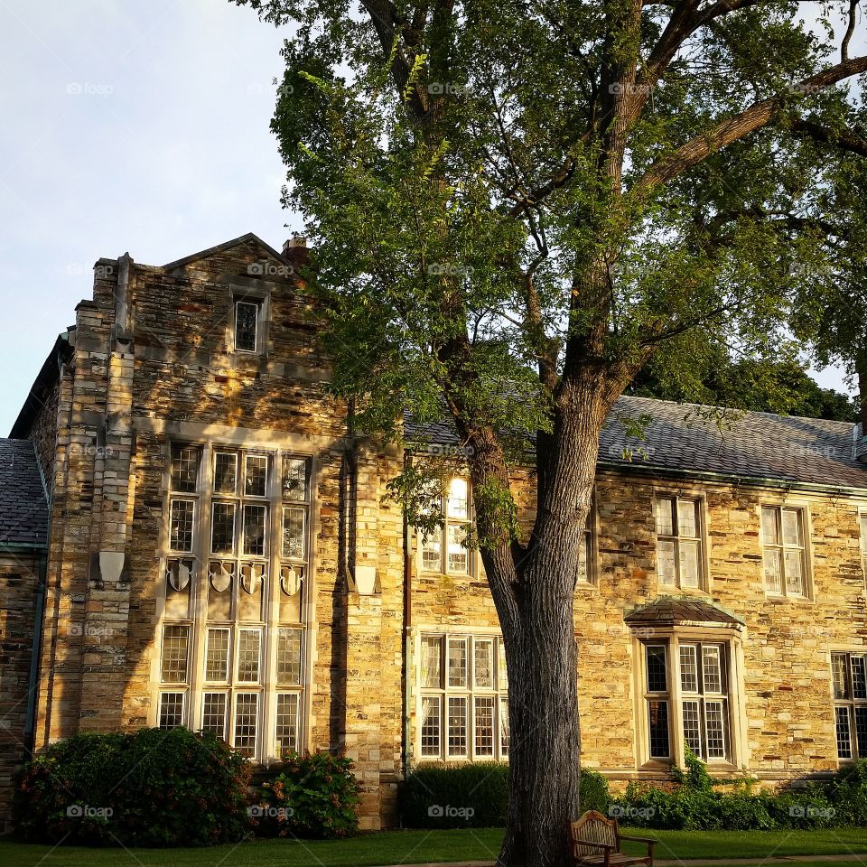 Golden Architecture. A golden, morning  glow wrapping itself around  historic architecture on the Scarritt-Bennett Center campus.