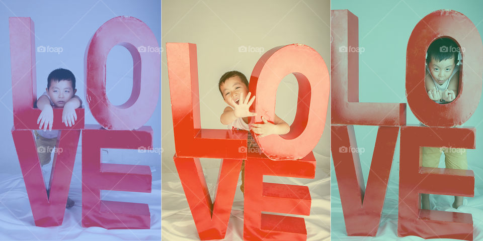 Set of boy's photo with love text