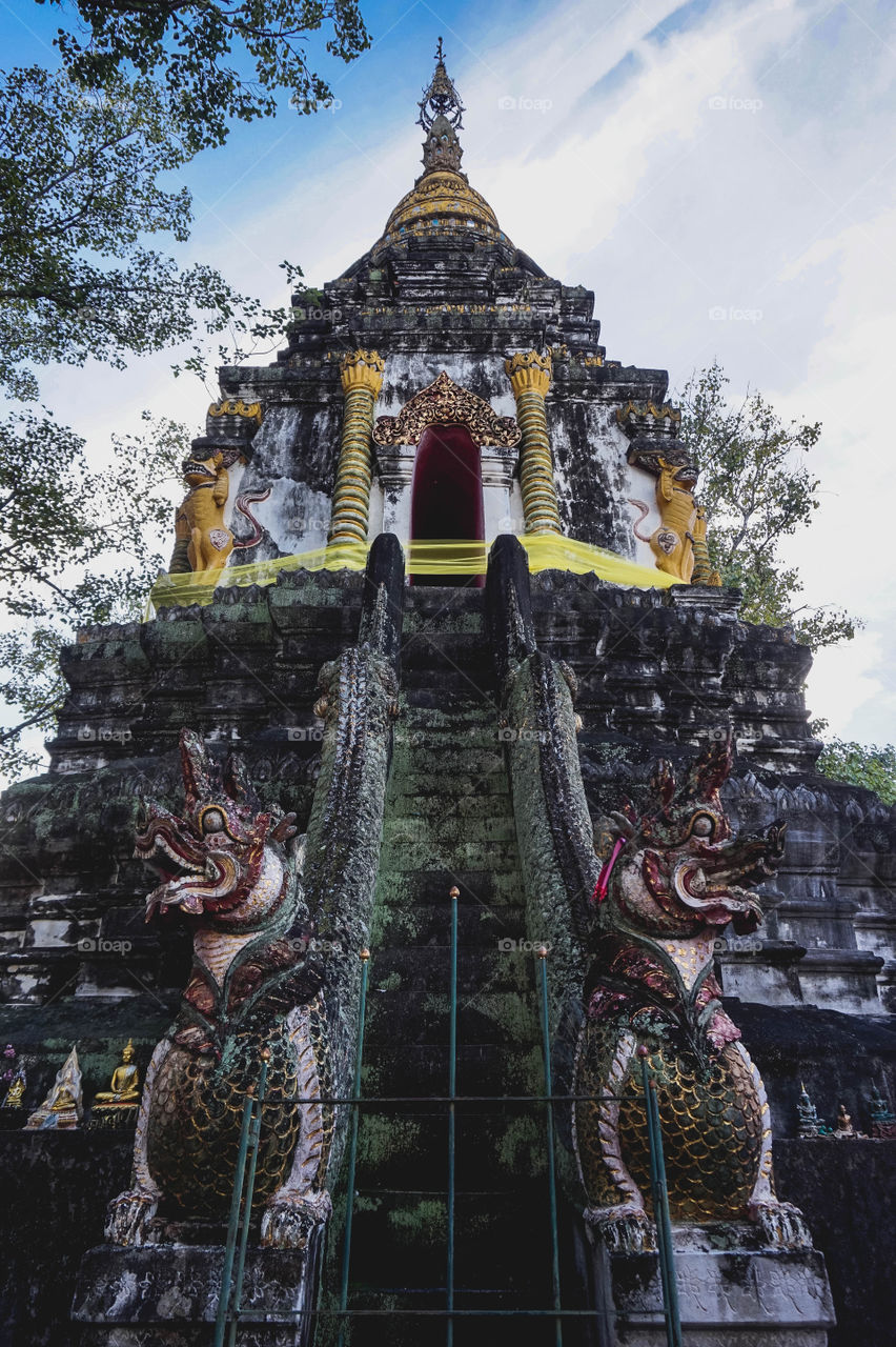 Beautifully weathered chedi of a Thai temple, Chiang Mai 