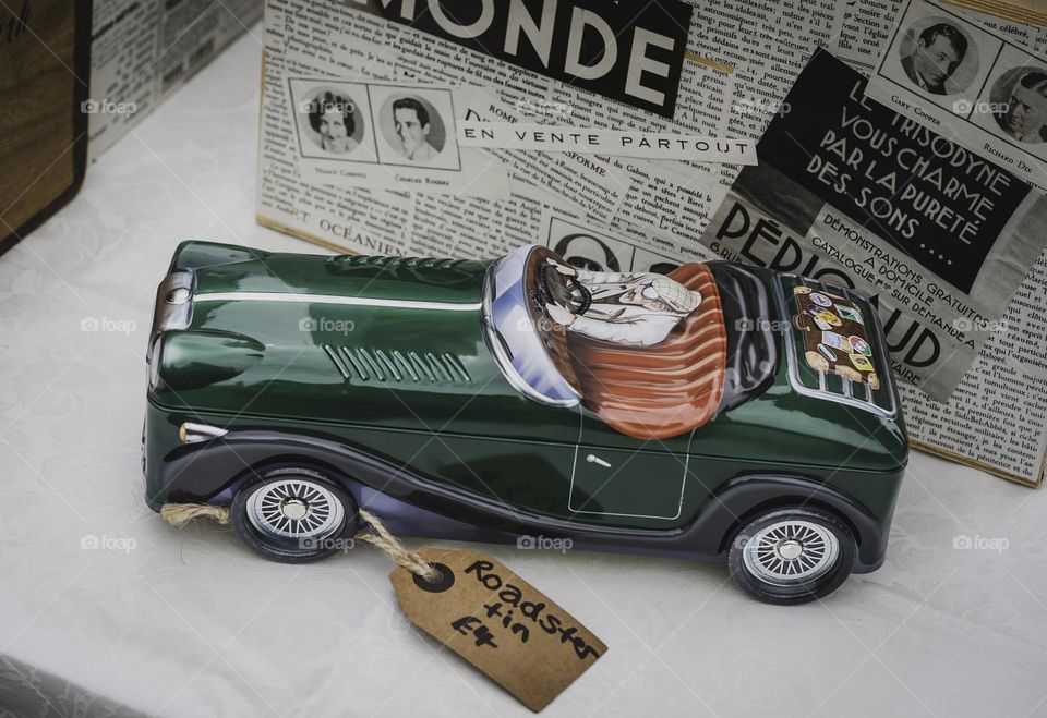 Roadster tin on sale at a vintage market