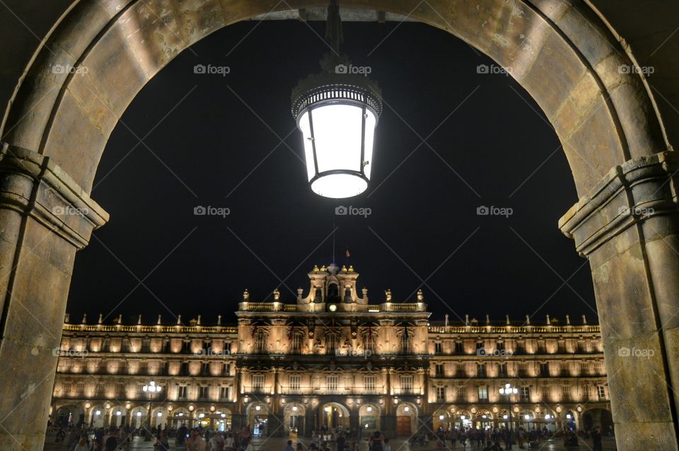 View of Plaza Mayor at night. Plaza Mayor de Salamanca at night.