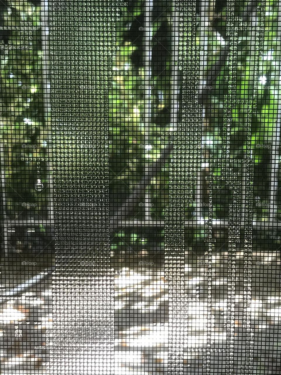 Raindrops entangled in a window net.