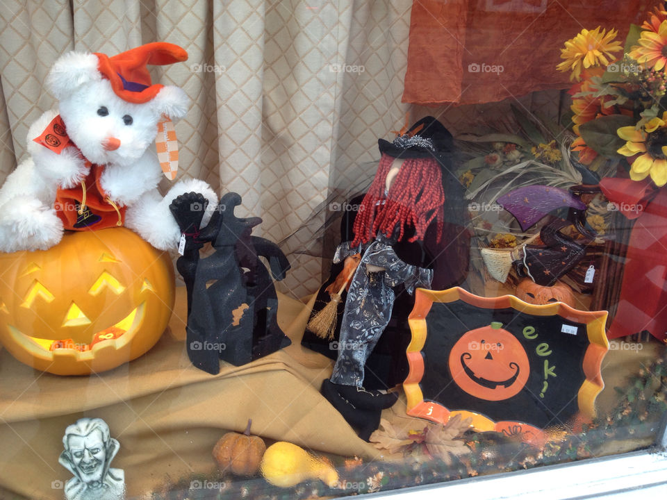 Halloween  display. A Halloween  display with pumpkin bear picture and bats 